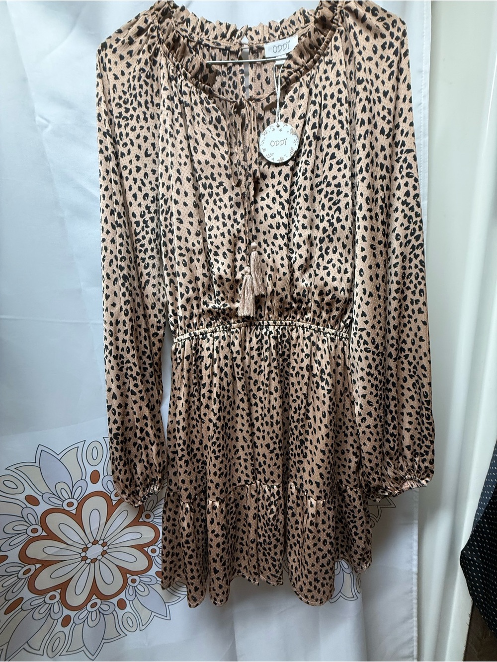 ODDY Tan and Black Leopard-Print Long Sleeve Tiered Dress with Tassel Tie
